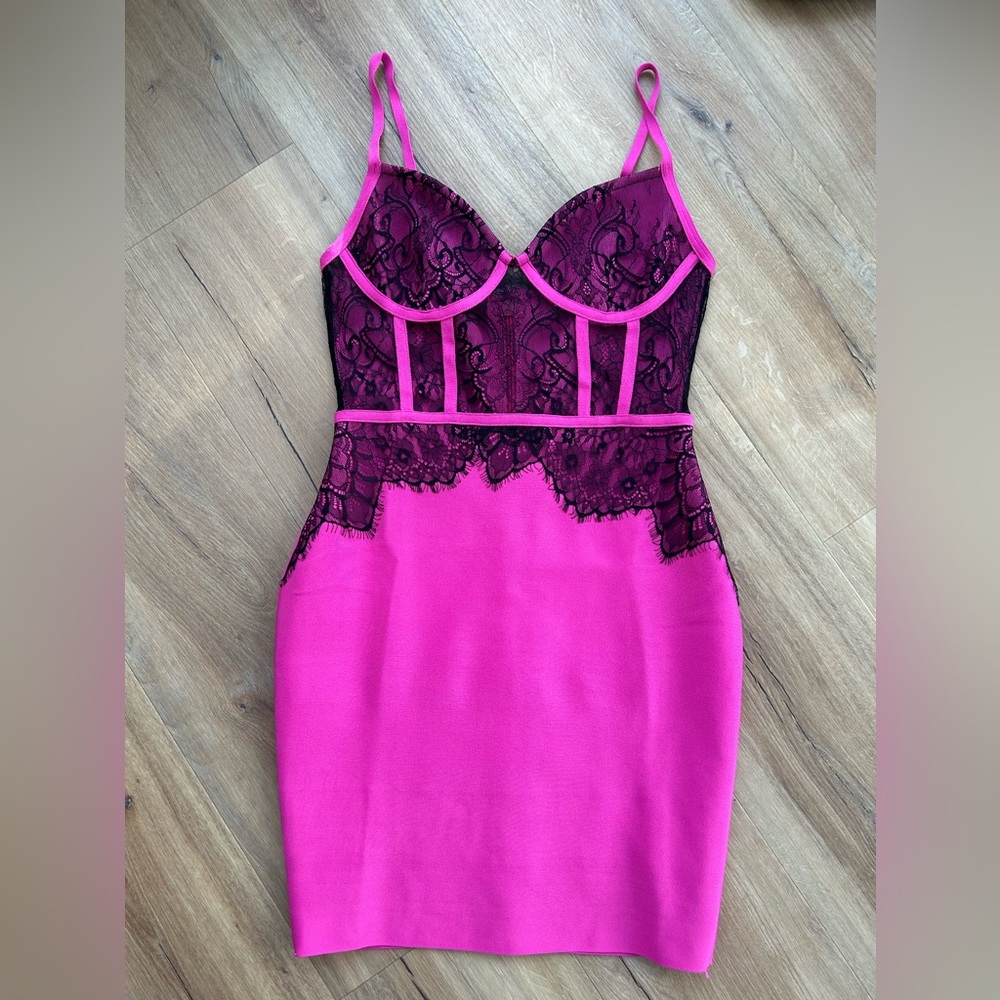 RIVIR:1 Fuchsia And Black Lace Bandage Dress